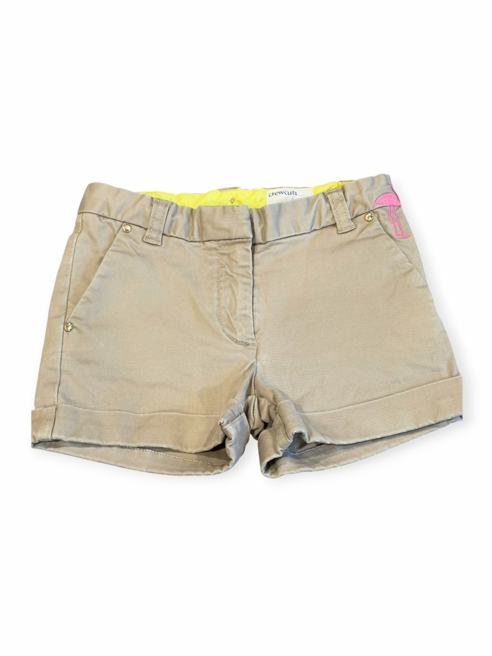 Crewcuts,  Khaki Shorts with Neon Yellow Lining & Pink Trim, Size 4